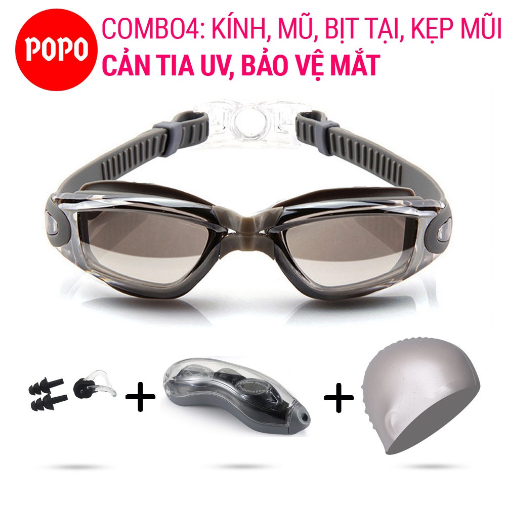 Kính bơi người lớn kèm Mũ bơi Bịt tai kẹp mũi 1940 nón bơi vải ngăn nước, mắt kính chống tia UV hạn chế sương mờ SHARK