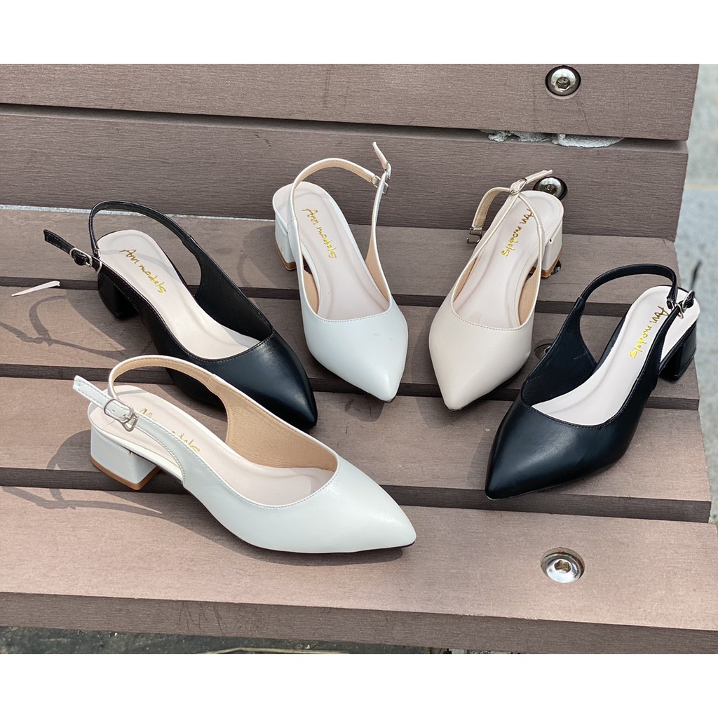 Giày slingback cao gót nữ Anna cao cấp gót vuông mũi nhọn 3p da mềm form dáng chuẩn