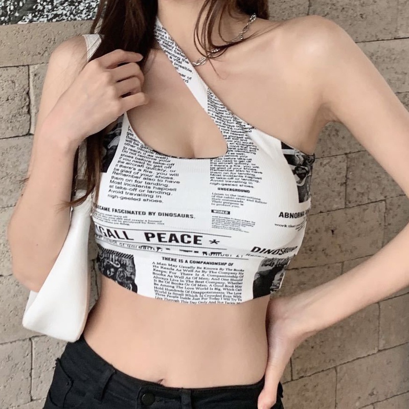 Áo Ống Croptop Hai Dây In Họa Tiết Báo Chí Phong Cách Gothic Punk Quyến Rũ Cho Nữ