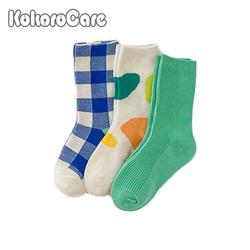 Set 3 đôi tất KokoroCare MS-38 từ cotton xanh dương kẻ caro ống cao trung bình xuân hè 2022 S/M/L cho bé 1-8 tuổi