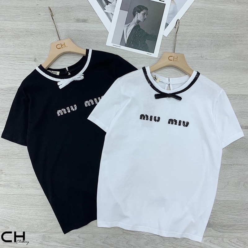 Áo phông miu miu cổ nơ kim tuyến hàng QCL1