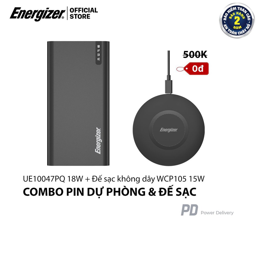 Combo sạc  dự phòng Energizer 10,000mAh UE10047PQ + đế sạc không dây 15W kèm cáp USB-C WCP115 - Hàng chính hãng