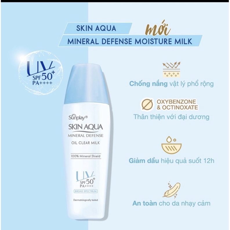 Sữa Chống Nắng Vật Lý Bảo Vệ Da Giảm Dầu Sunplay Skin Aqua Mineral Defense Oil Clear Milk SPF50+ PA++++ 25g