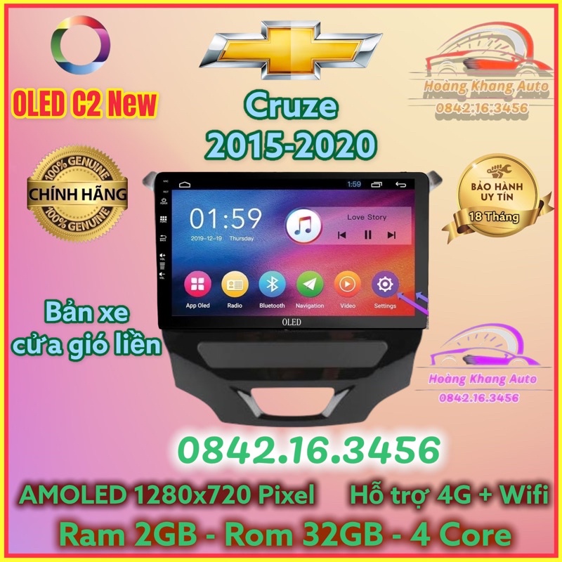 Màn hình Android OLED C2 New Theo Xe CRUZE 2015 - 2020,  9 INCH kèm dưỡng và canbus + jack zin