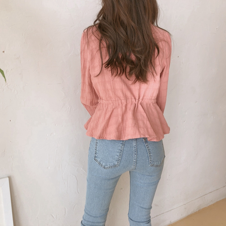 SUXI Áo nữ tay dài cổ chữ V thời trang phong cách Hàn Quốc