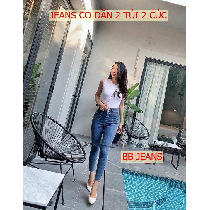 Quần Jean nữ lưng cao 2 cúc BB JEANS, Jeans bò trơn rách gấu siêu co dãn (ảnh thật)