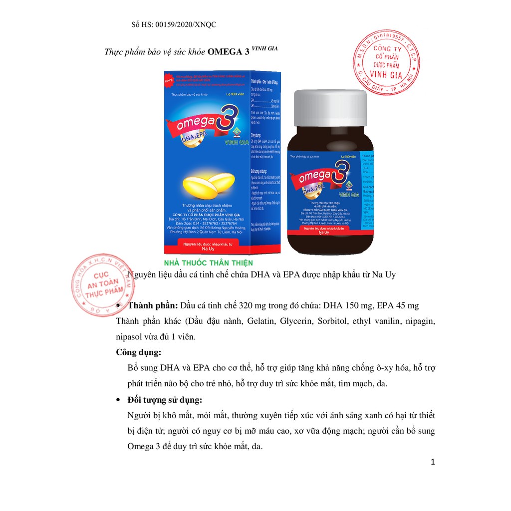Viên uống Omega 3 Vinh Gia – Bổ sung DHA, EPA cho bà bầu và trẻ nhỏ (Lọ 100 viên)