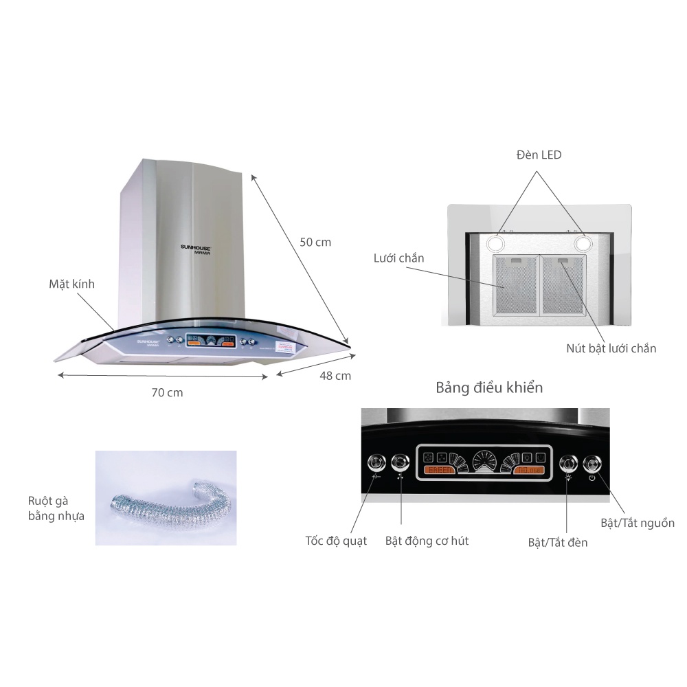 Máy hút mùi kính cong SUNHOUSE MAMA MM6716-70 bảo hành tại nhà trên toàn quốc