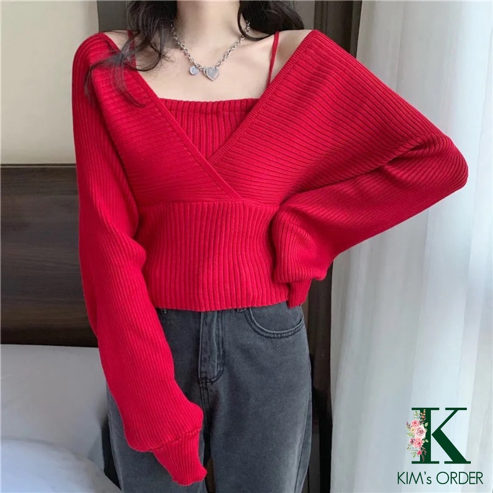 Áo len nữ cổ chữ V tay bồng màu đỏ đi chơi Noel giáng sinh Tết thắt nơ tiểu thư nữ tính chất co dãn sang chảnh cá tính