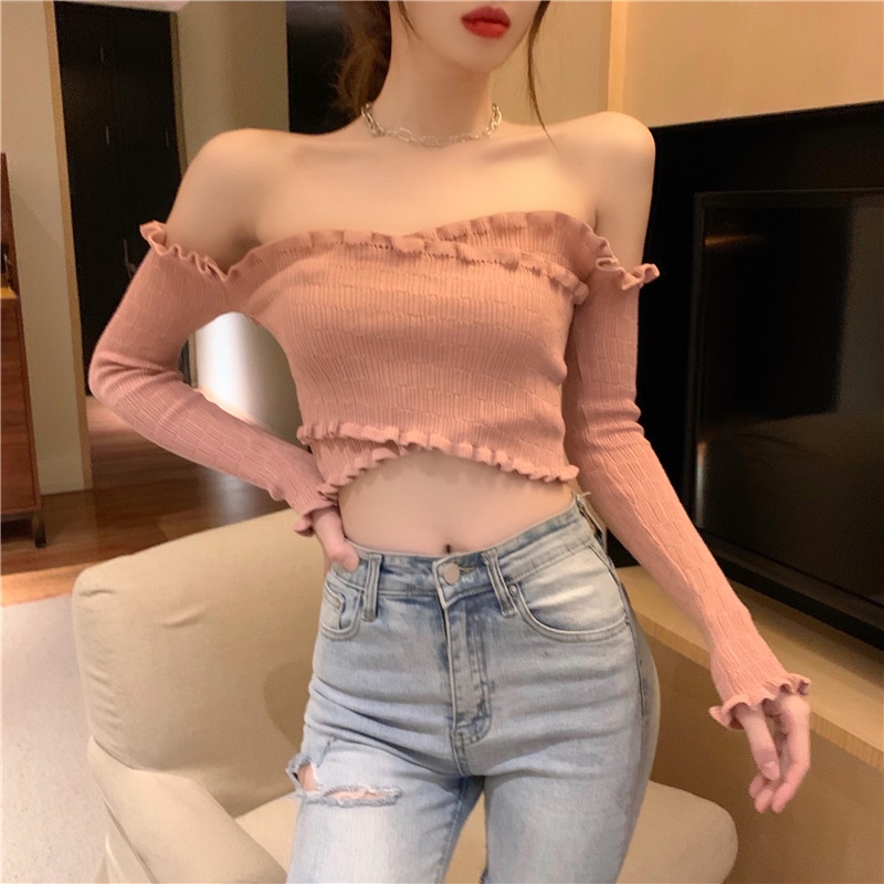 Áo dệt kim trễ vai tay dài thiết kế dây đan chéo quyến rũ COZOK