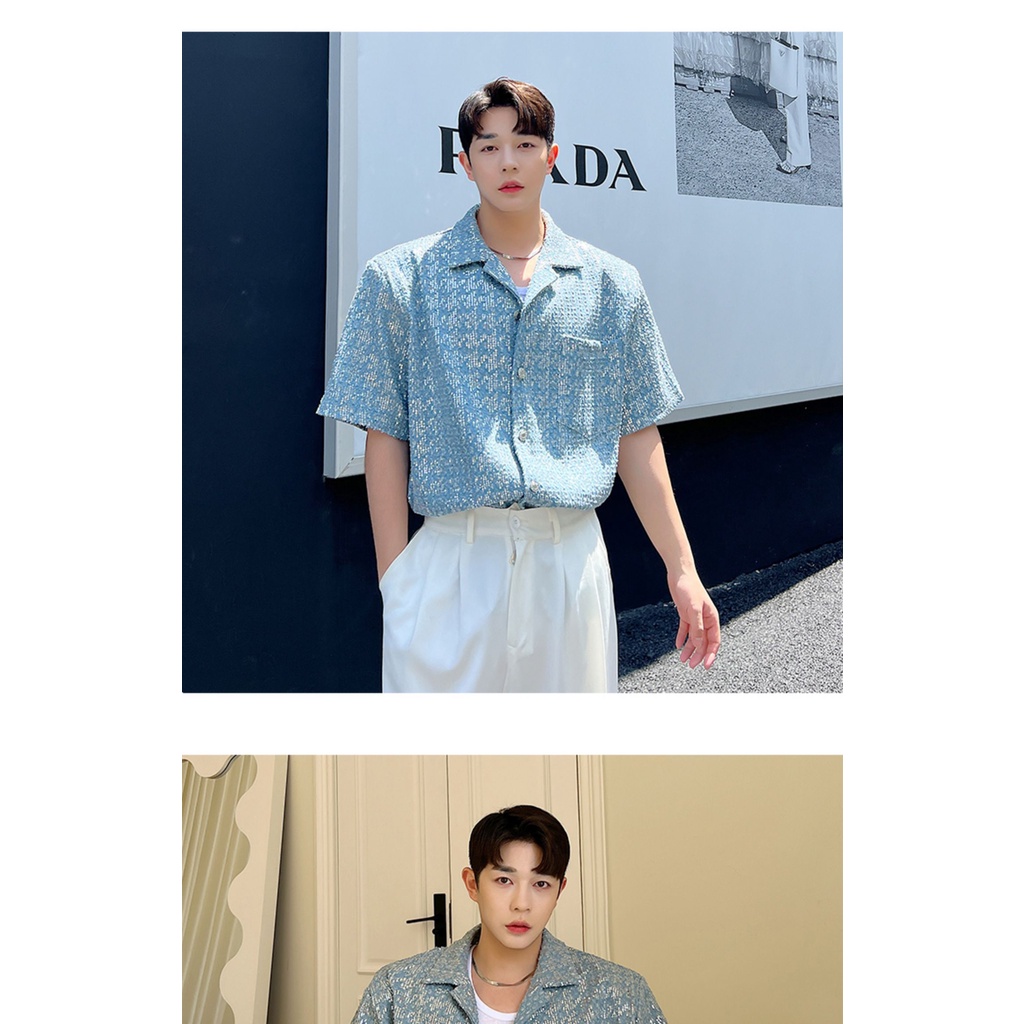 Áo Sơ Mi Denim Tay Ngắn Đính Kim Sa Lấp Lánh Phong Cách Phương Tây Thời Trang Mùa Hè Cho Nam