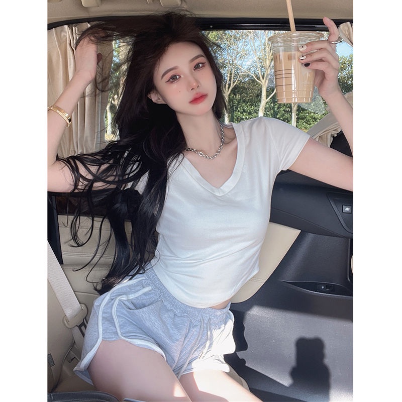 COZOK Áo Thun Tay Ngắn Cổ Chữ v Màu Trắng Thời Trang Cho Nữ