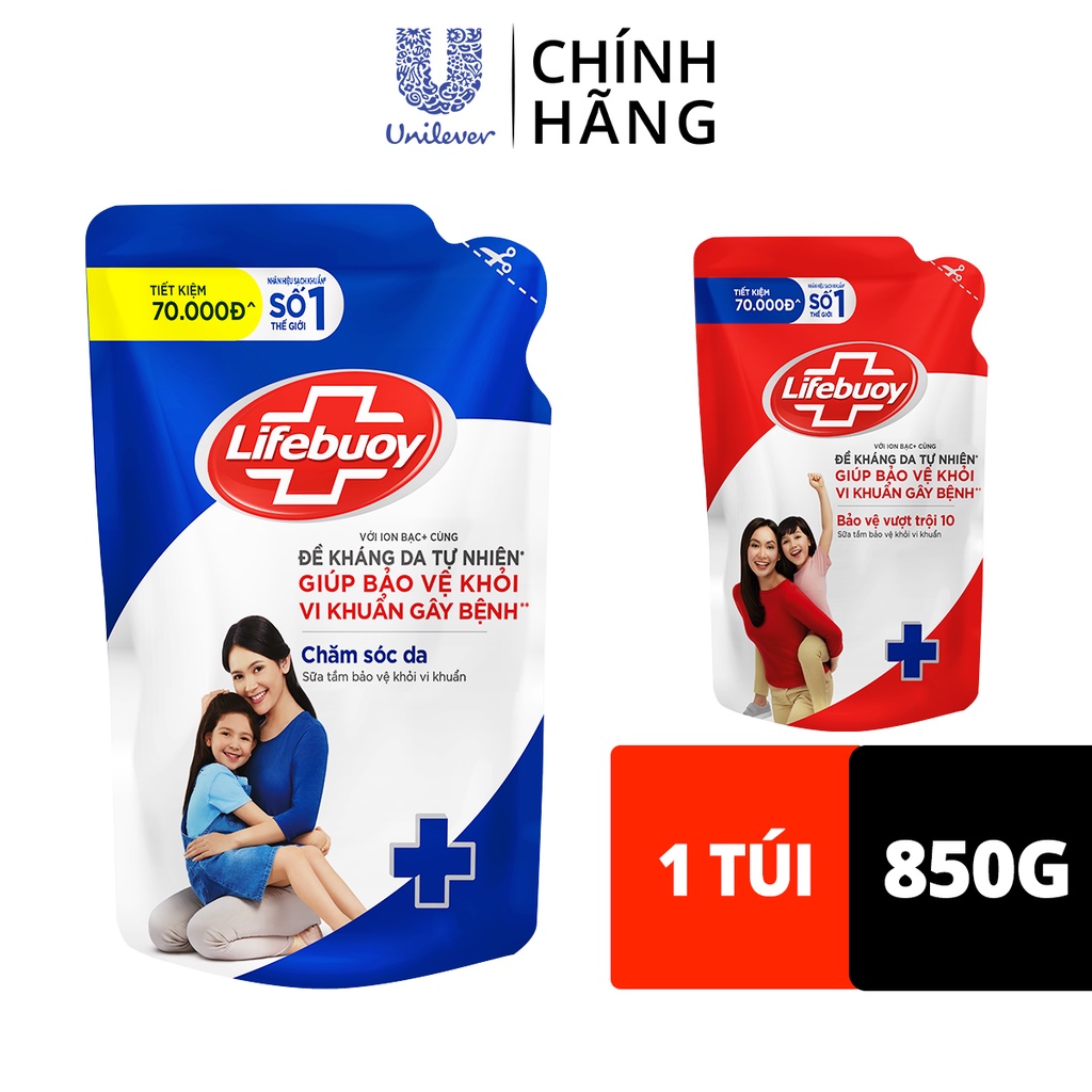 Sữa tắm túi Lifebuoy 850g dưỡng ẩm mềm mịn giúp bảo vệ khỏi 99.9% vi khuẩn và ngăn ngừa vi khuẩn lây lan trên da