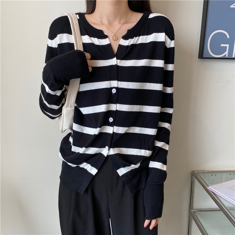 【ZHELIHANGFEI】Áo Khoác Cardigan Dệt Kim Tay Dài Dáng Rộng Kẻ Sọc Trẻ Trung Hợp Thời Trang