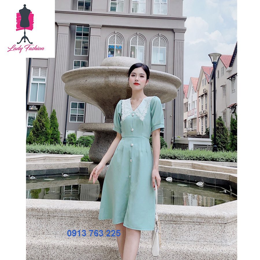 [freeship] Váy Đầm Chữ A Phối Lá Cổ D026