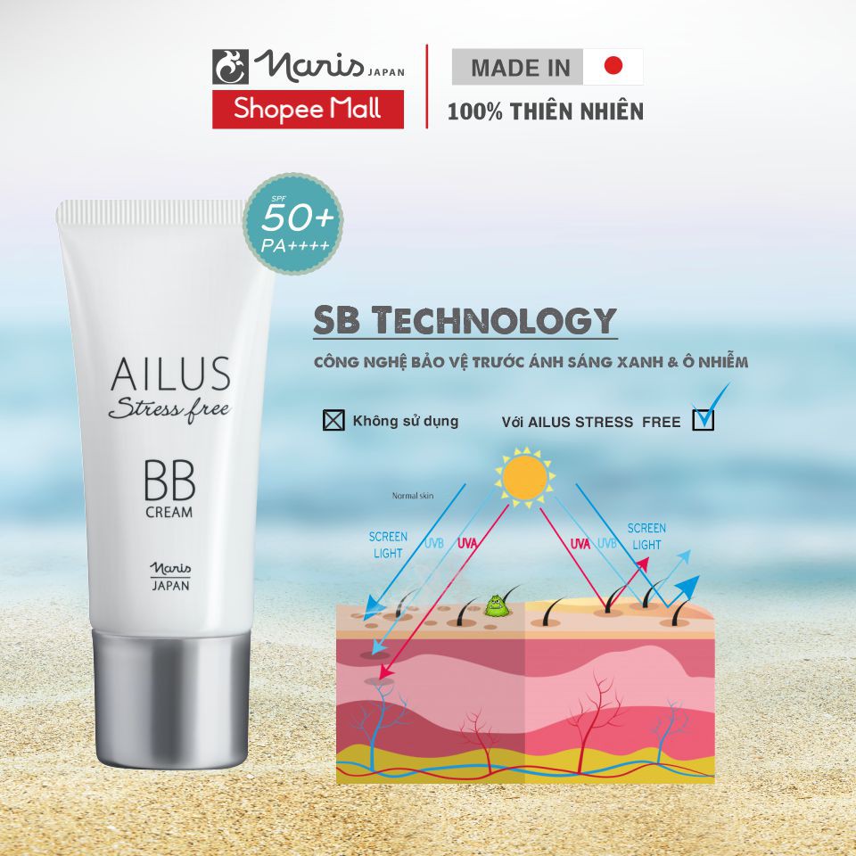 Kem nền trang điểm đa chức năng BB Cream Naris Ailus Stress Free 30g, che khuyết điểm kiềm dầu tốt nhất của Nhật