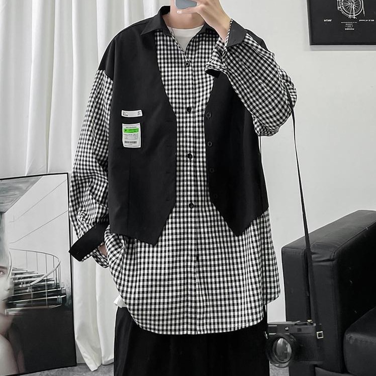 Áo Sơ Mi Dài Tay Phối Gile Kẻ Unisex Cho Cả Nam Và Nữ, Kiểu Dáng Hàn Quốc
