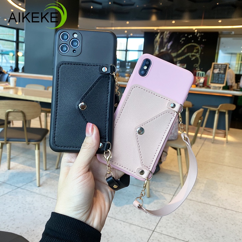 Ốp điện thoại bằng da đính ví nắp lật đựng thẻ và dây đeo cho Iphone 12 Mini 11 Pro Max X Xs Max Xr