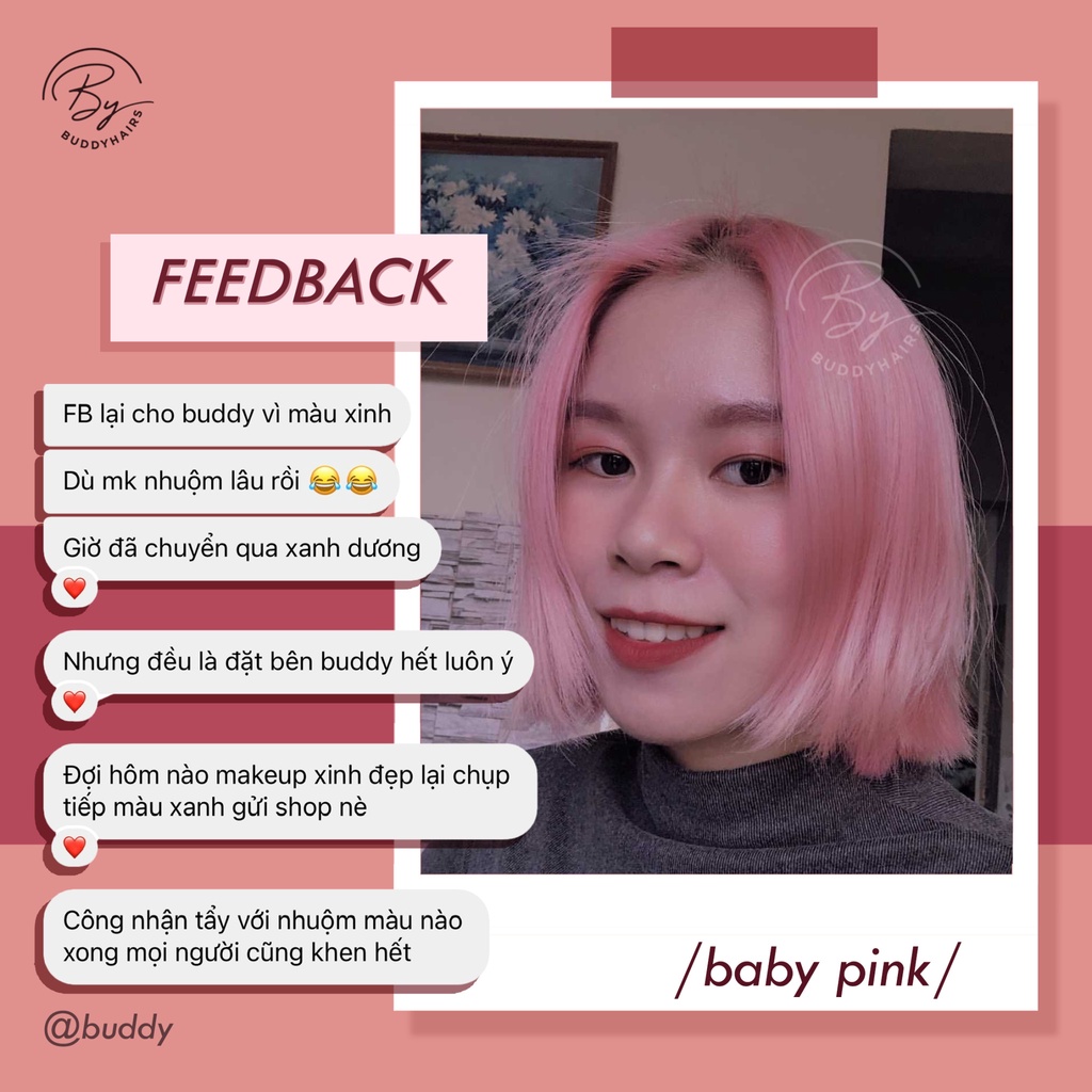 Thuốc nhuộm tóc BABY PINK, Thuốc nhuộm Hồng Pastel Buddyhairs TẶNG KÈM găng tay,mũ trùm, 1 tẩy tóc nhỏ 50k tiện ích