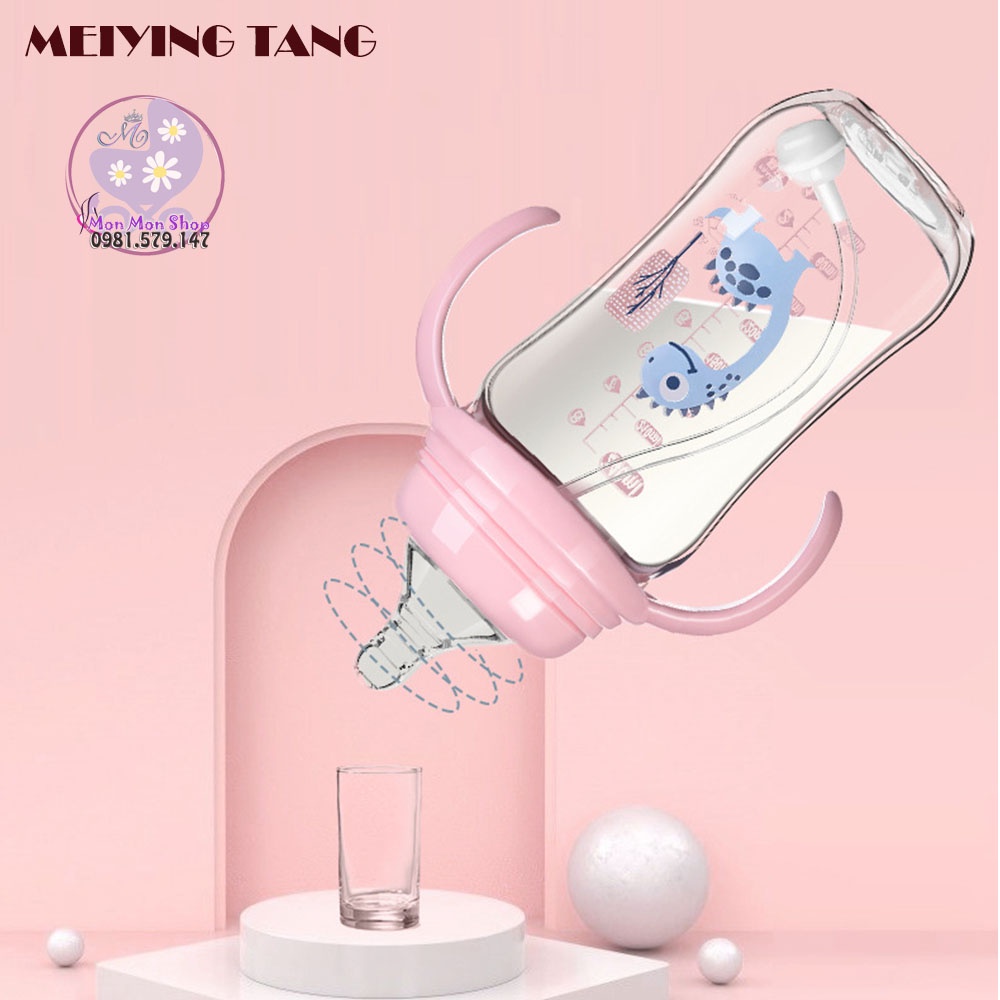Bình sữa thủy tinh cổ rộng 180ml/240ml vừa máy Avent/Spectra có tay cầm và núm ti siêu mềm, van chống sặc Meiying Tang