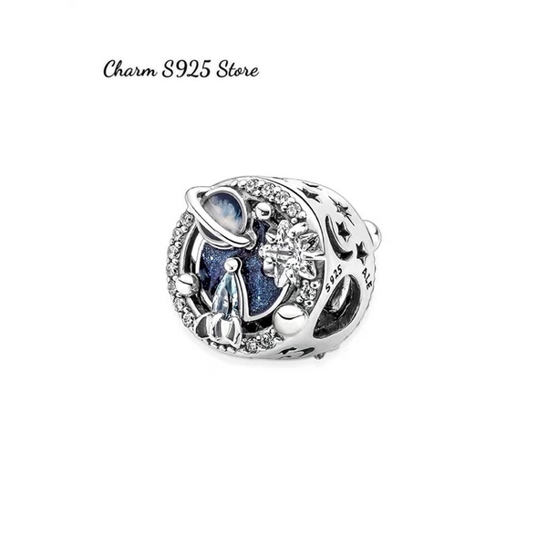 charm pan hoạ tiết vũ trụ đính đá xanh bạc s925 cao cấp