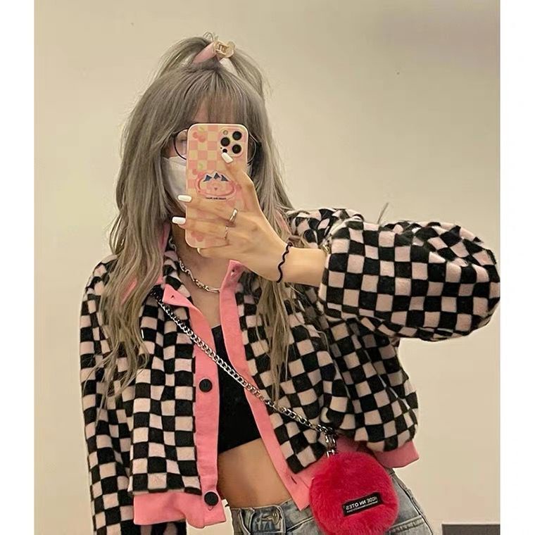 Jaket Áo Sơ Mi Ghép Nối Màu Tương Phản Phong Cách Hàn Quốc Đường Phố Mới Cho Nữ