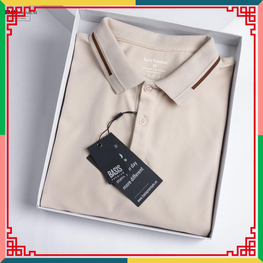 Áo thun nam có cổ polo cao cấp, màu kem nâu tanin phối viền sang trọng | BigBuy360 - bigbuy360.vn