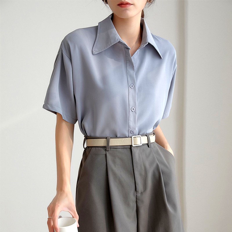 Áo sơ mi nữ tay ngắn form rộng trắng, kem, nâu kiểu sáng basic, áo cộc tay dáng suông rộng mặc đi học đi chơi đi làm | BigBuy360 - bigbuy360.vn