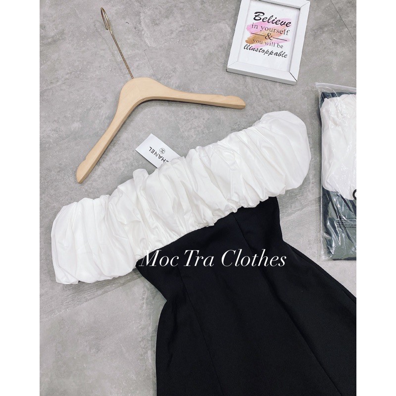 Đầm ENIO DRESS thiết kế xoè nhẹ tiểu thư phối trắng hở vai siêu xinh, Váy dự tiệc dáng ngắn rẻ đẹp