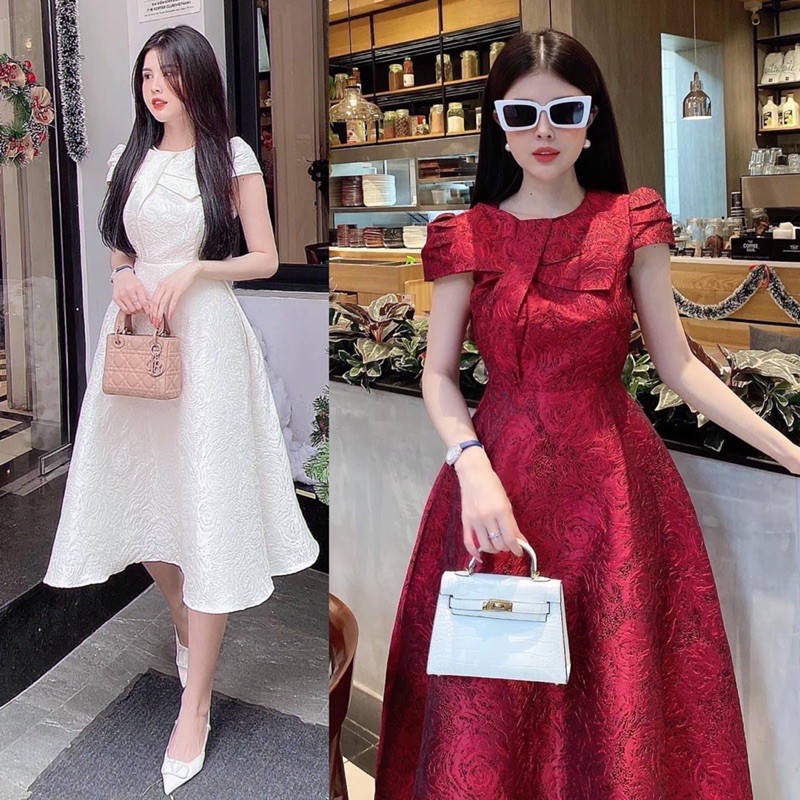 Đầm gấm tay con phối nơ sang trọng | BigBuy360 - bigbuy360.vn