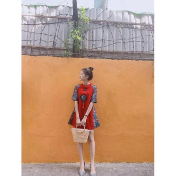 Áo dài cách tân phong cách, đầm đỏ sườn xám phối gấm hoa cao cấp | BigBuy360 - bigbuy360.vn