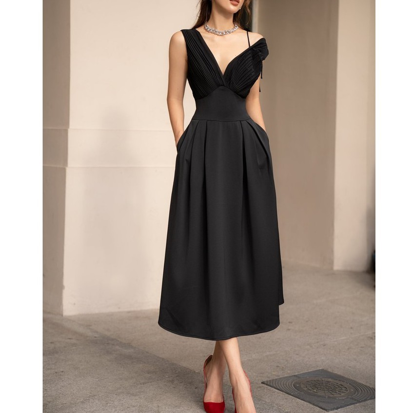 Đầm maxi đen đi tiệc sang trọng, thiết kế cổ V dập ly, dáng xòe (Kèm ảnh feedback khách hàng)