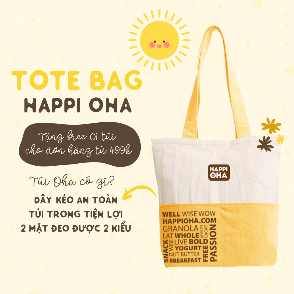 Túi vải canvas - Tote bag HAPPI OHA nhiều ngăn tiện lợi