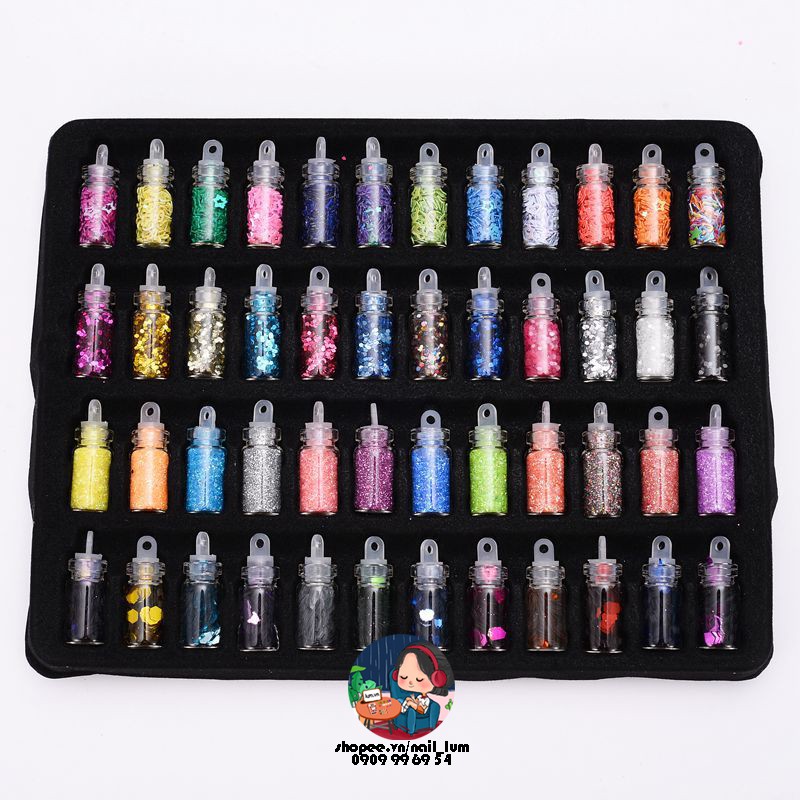 Set 48 Lọ Nhũ - Kim Tuyến - Hạt Trang Trí Móng Nail Đủ Màu