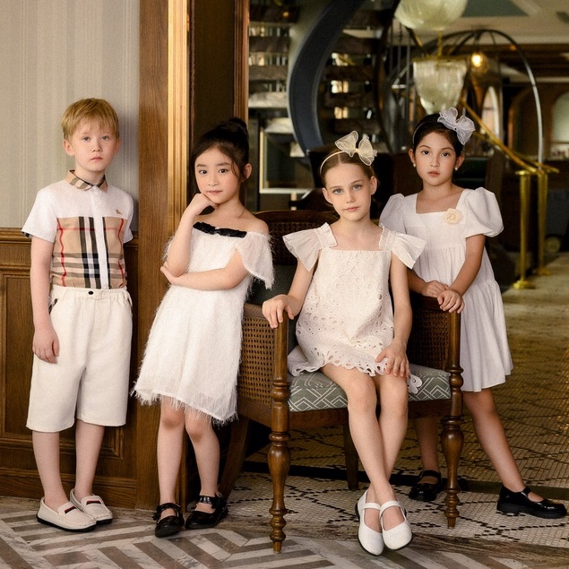 Váy trắng cotton thô Luna 137Kids thiết kế tay bồng cổ vuông đính hoa thấm hút mồ hôi cho bé gái