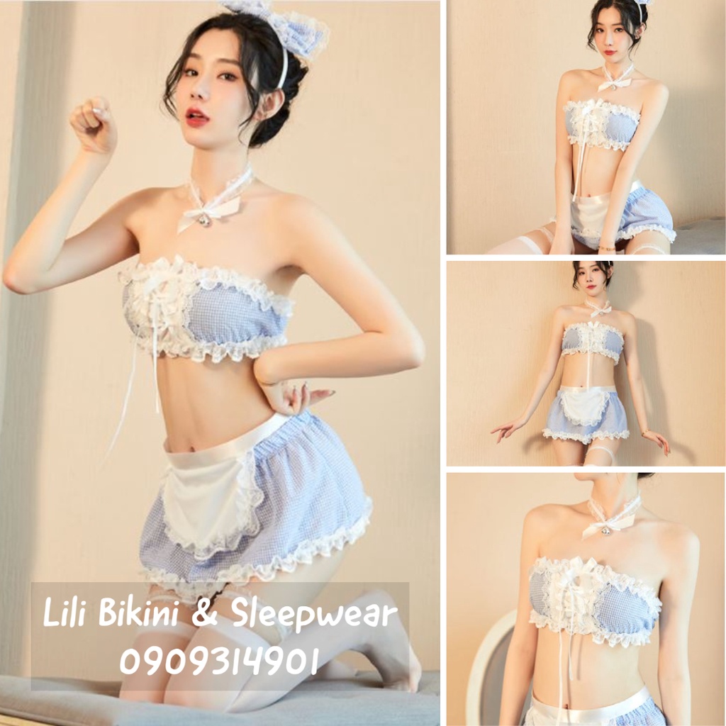 Maid, Cosplay người hầu, người giúp việc nóng bỏng, màu xanh, đủ phụ kiện