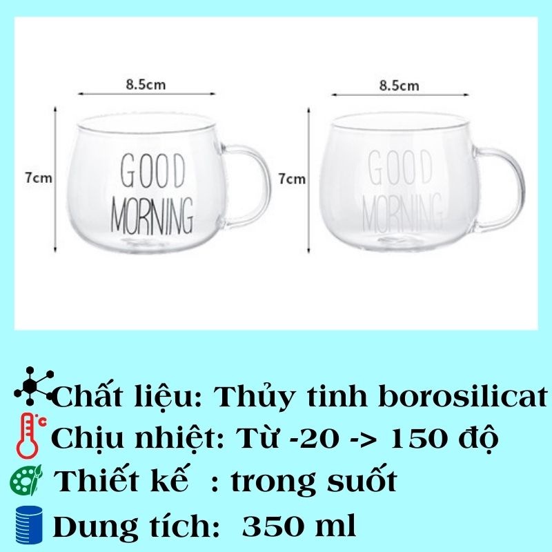 Ly thủy tinh dễ thương uống nước cute GOOD MORNING 350 ml Cốc thủy tinh chịu nhiệt có quai ABUSTORE H19