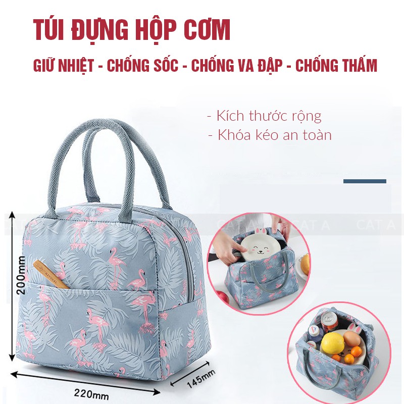 Túi Giữ Nhiệt Cao Cấp Đựng Đồ Ăn - Đựng Hộp cơm, đựng đồ, có khoá kéo đa năng hình Hạc hồng xinh xắn dễ thương