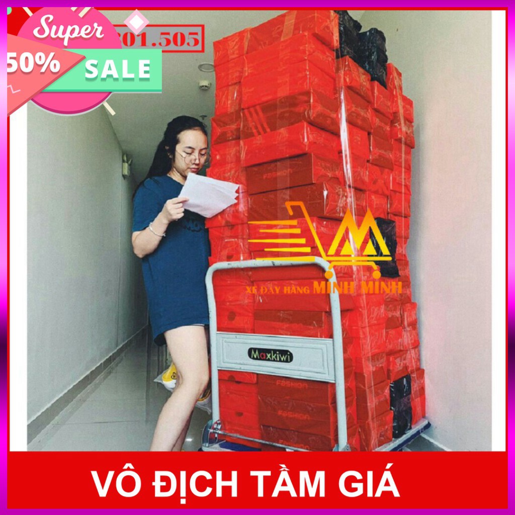 Xe Đẩy Hàng 4 bánh 150kg, Xe Đẩy Hàng maxkiwi- Sàn Thép, Tay Đẩy Gập Gọn Kho Miền Nam