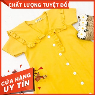 Đầm suông vàng ngắn cổ nhún bèo