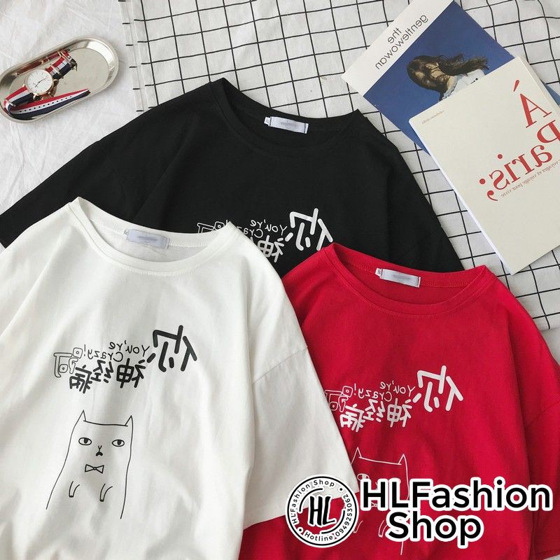 Áo thun tay lỡ form rộng Mèo meo meo Craxy Hàn Quốc, áo phông form rộng size HLFashion