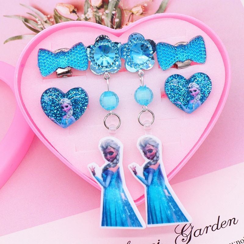 [Frozen] 6-Pcs Girl Ear Clip, No Ear Hole Kids Princess Earrings + Ring Set