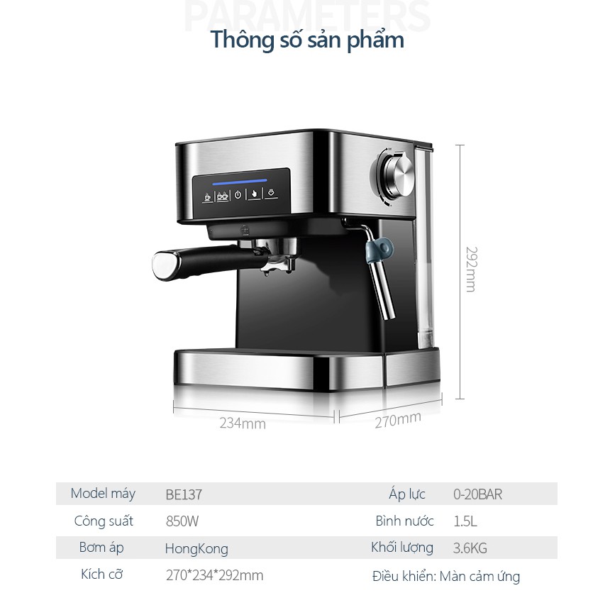 Máy pha cà phê chế biến coffee đa chức năng thân inox màn cảm ứng có ống đun đánh sữa BE137