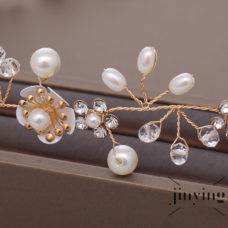 Băng đô tự làm hình hoa đính kim cương nhân tạo và ngọc trai cao cấp dành cho cô dâu