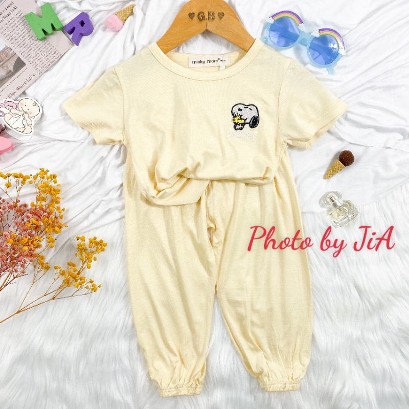 Bộ Alibaba tay ngắn, quần dài thun lạnh Minky Mom thêu hình chó cho bé