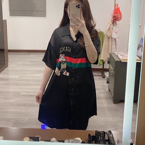 V030 Váy ngủ sơ mi lụa satin form rộng nữ sang chảnh mặc nhà pijama họa tiết Đầm bầu pizama tay ngắn cổ bẻ cài cúc