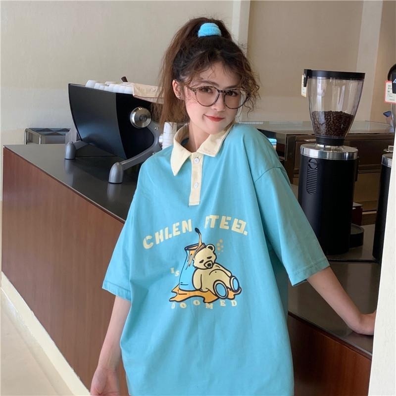 Áo polo Tay Ngắn Dáng Rộng Phong Cách Hàn Quốc Thời Trang Cho Nữ