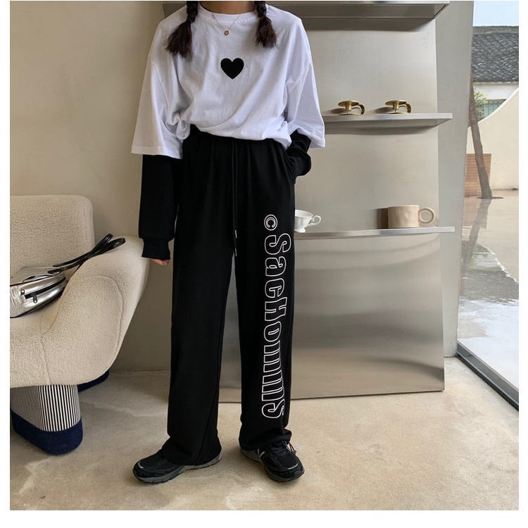 Quần thể thao cho nữ lưng cao ống rộng màu đen phong cách đường phố cổ điển