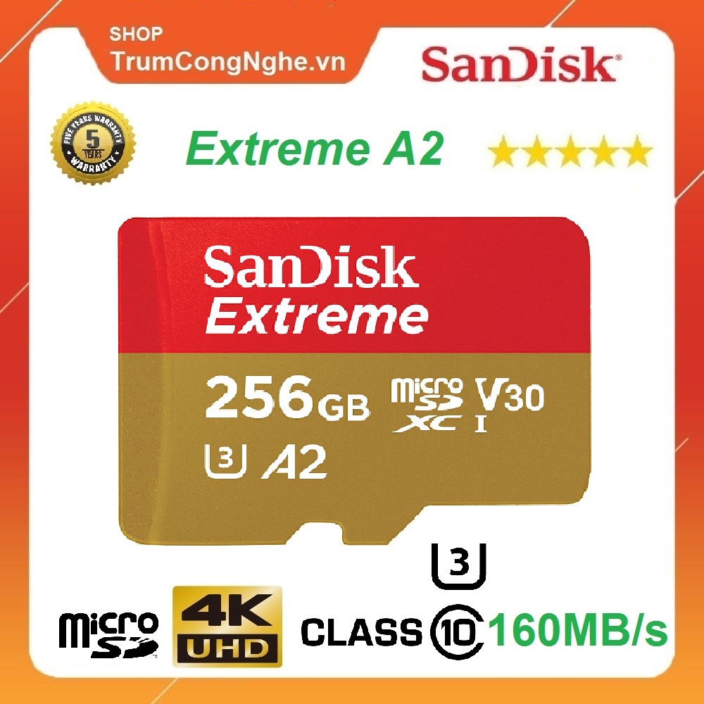 Thẻ Nhớ 256GB MicroSD SanDisk Extreme A2 V30 U3 Class 10 UHS-I 160MB/S Tốc Độ Siêu Cao