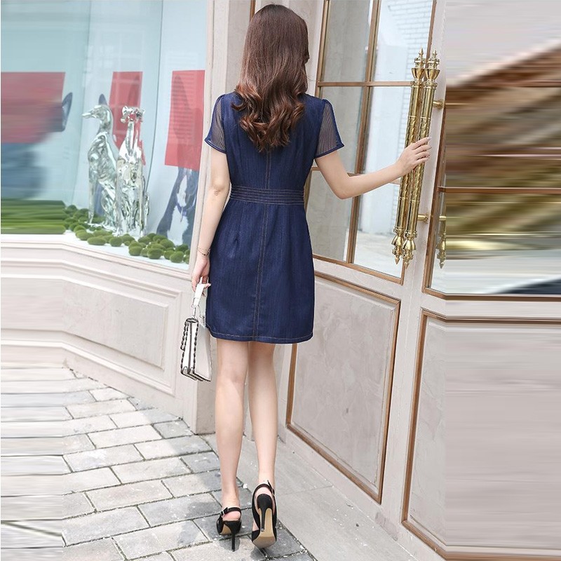 Đầm Jean Suông Phối Tay Voan Lưới